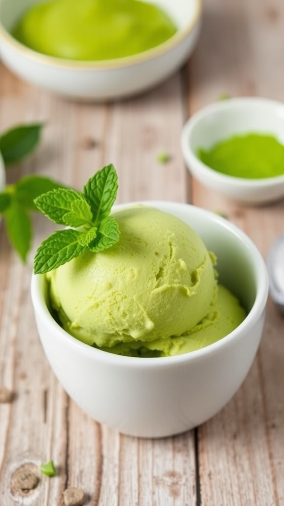 Matcha Green Tea Ice Cream Recipe A bowl of creamy matcha green tea ice cream garnished with mint on a wooden table.